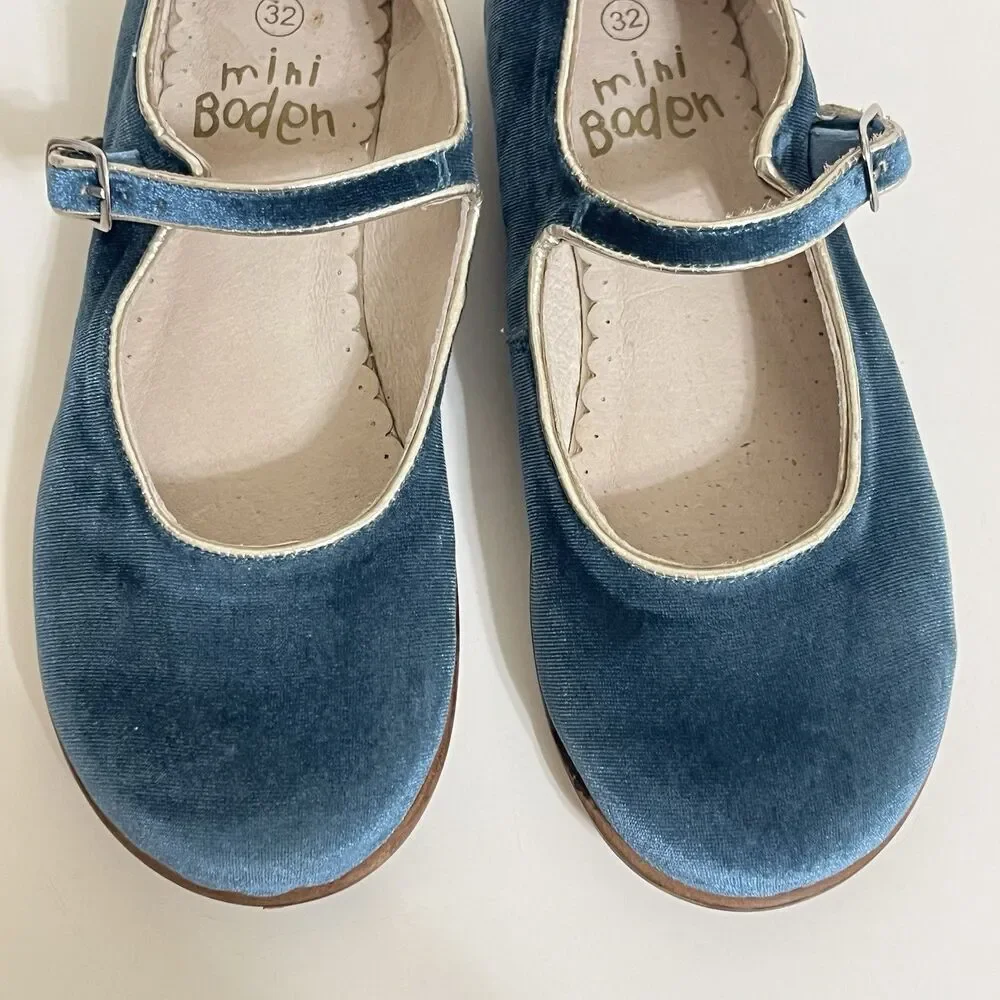 Mini Boden Blue Velvet Mary Jane Shoes Buckle Flats Girls Size 32 US 13.5